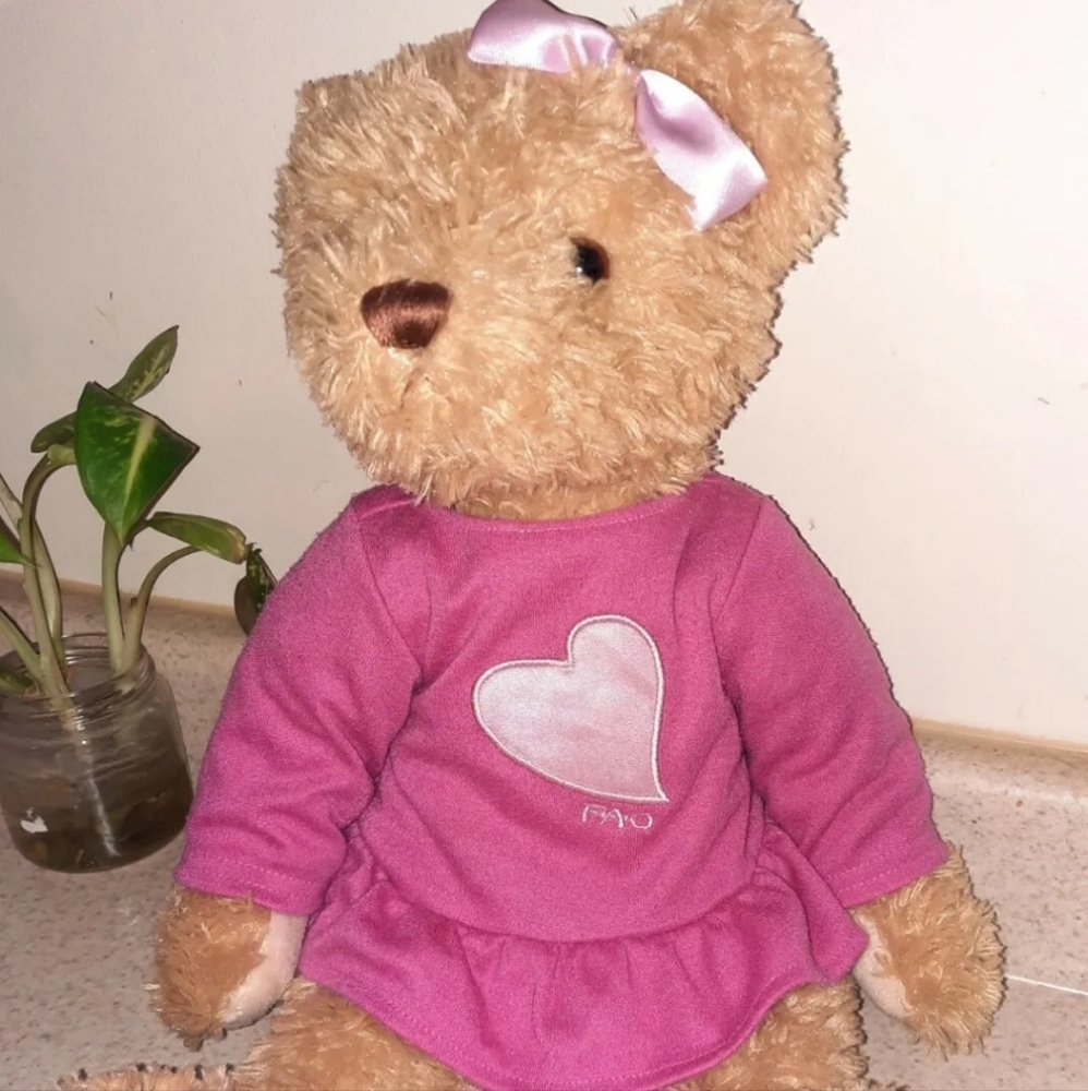 FAO Schwarz Toys R Us Teddy Bear Plush Stuffed Animal in Pink Heart Dress 2012